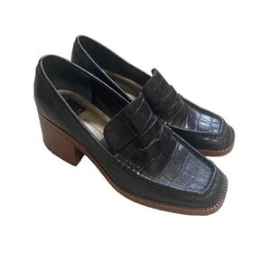 Dolce Vita Black Croc Embossed Platform Loafers Chunky Heel Size 7.5